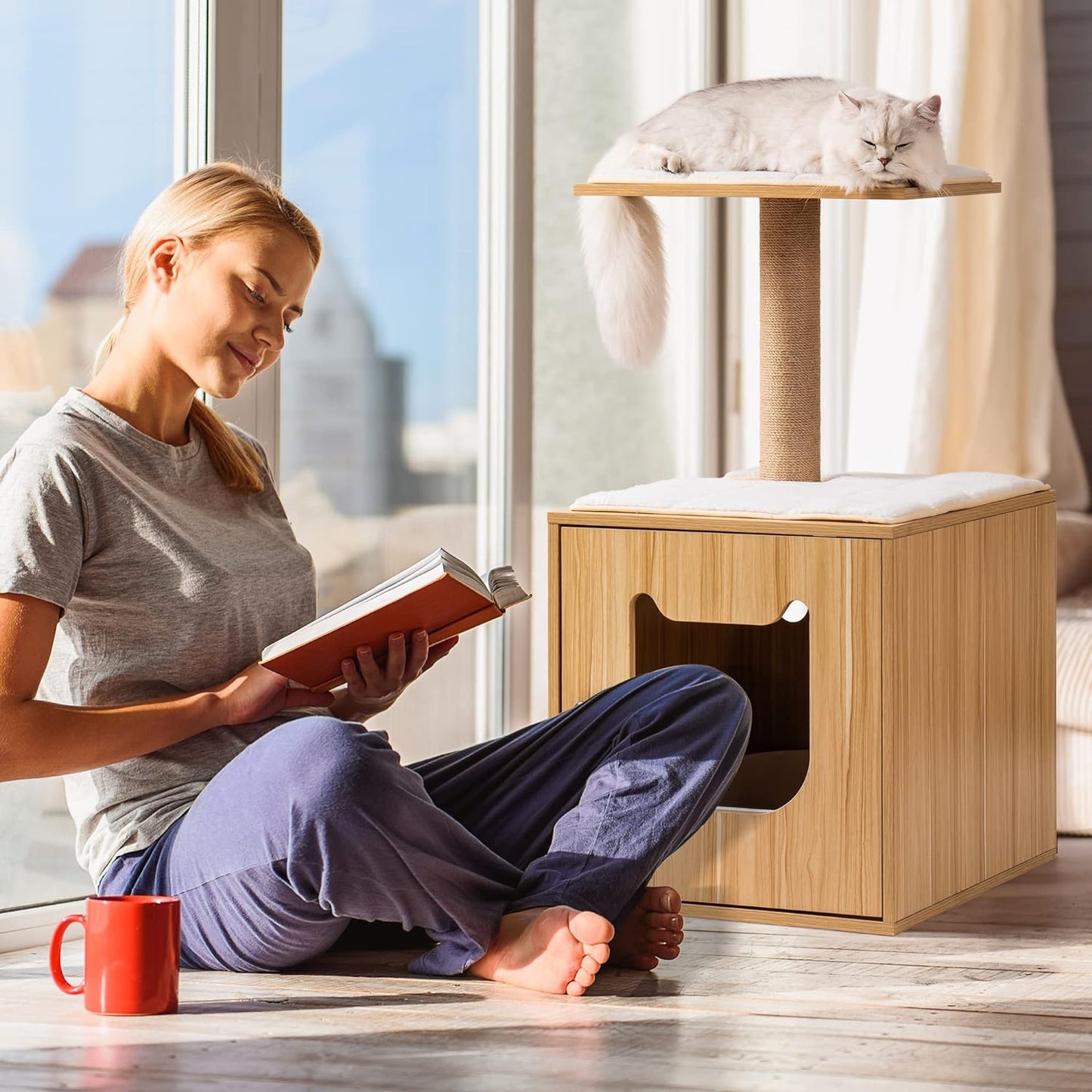 Wooden Cat Condo Cat Litter Box Enclosure, Wooden Cat House with Cat Bed Hidden Cat Washroom Furniture Cat Tree with Scratching Post