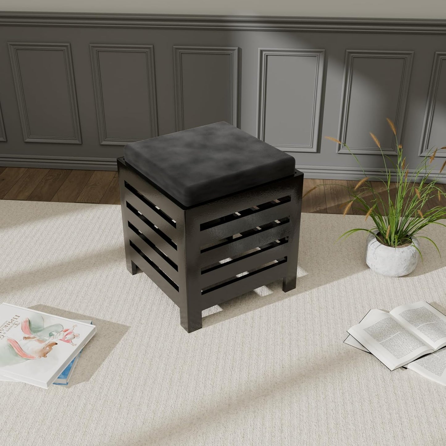 Cushion Wooden Stool| Foot Stool |Fruit Stool| Square Table| Office Stool| Bedside Table | Cushion Stool | Stool for Kitchen Wooden Stool Cotton Cover (Black)