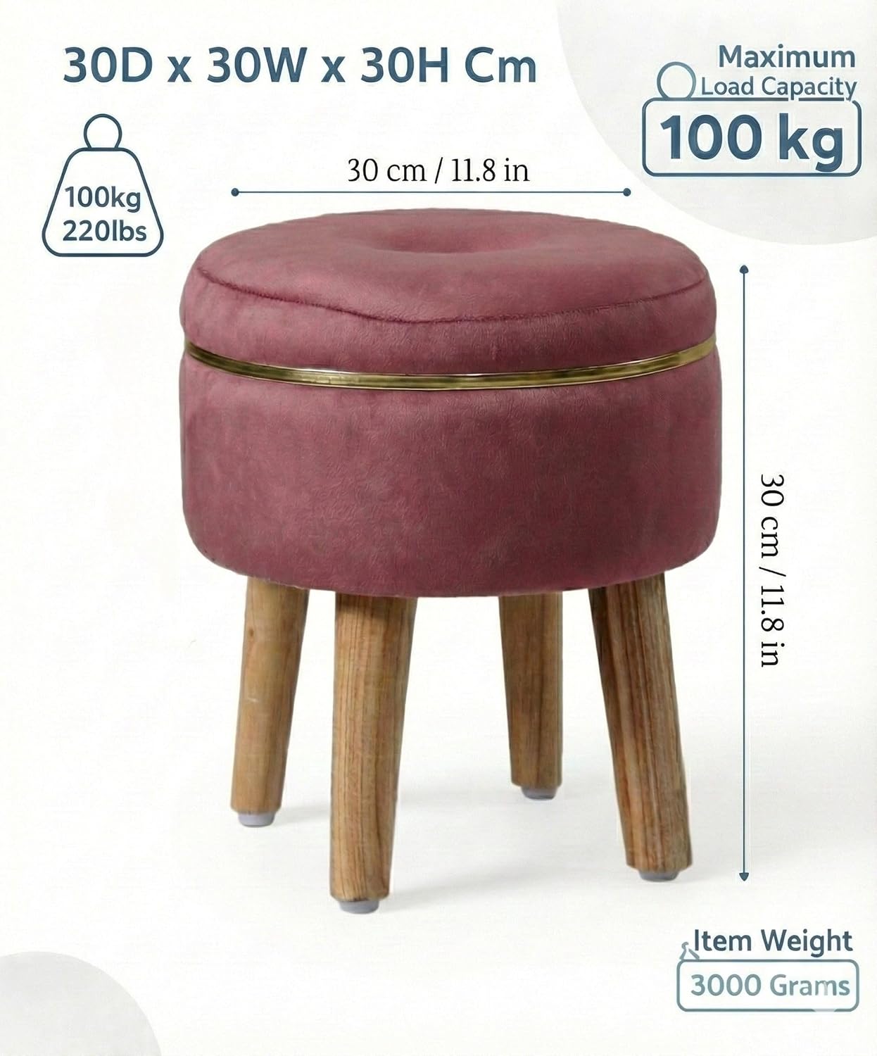 Ottoman Stool for Living Room Foot Rest | Velvet Small Ottoman Foot Stool | Solid Wood Legs | Footstool Puffy for Home, Bedroom & Makeup Table | 30 x 30 cm (12 x 12 Inch) | Gajri