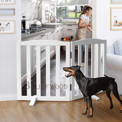 Freestanding Dog Gate | Foldable Wooden Pet Safety Gate for Dogs & Kids | Indoor Barrier with Support Feet for Stairs, Doorways, Hallways & Kitchens - 24" (White, 2 Panel)