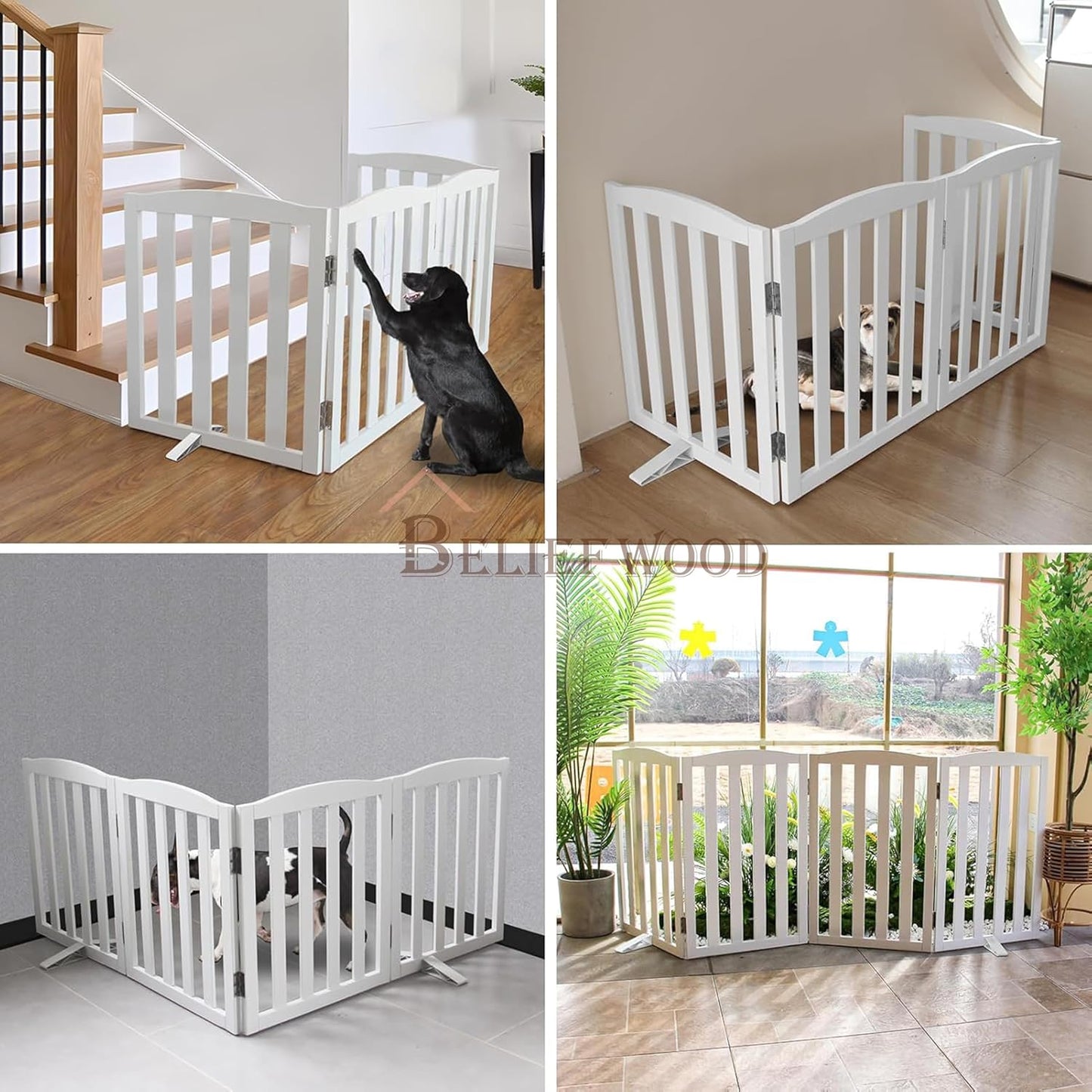 Freestanding Dog Gate | Foldable Wooden Pet Safety Gate for Dogs & Kids | Indoor Barrier with Support Feet for Stairs, Doorways, Hallways & Kitchens - 24" (White, 4 Panel)