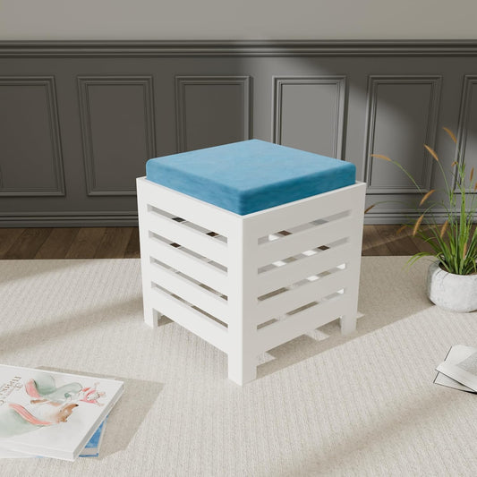 Cushion Wooden Stool | Foot Stool | Fruit Square Table | Office Bedside Table | Kitchen Stool With Cotton Cover (White & Aqua), 30 Cm X 30 Centimeters