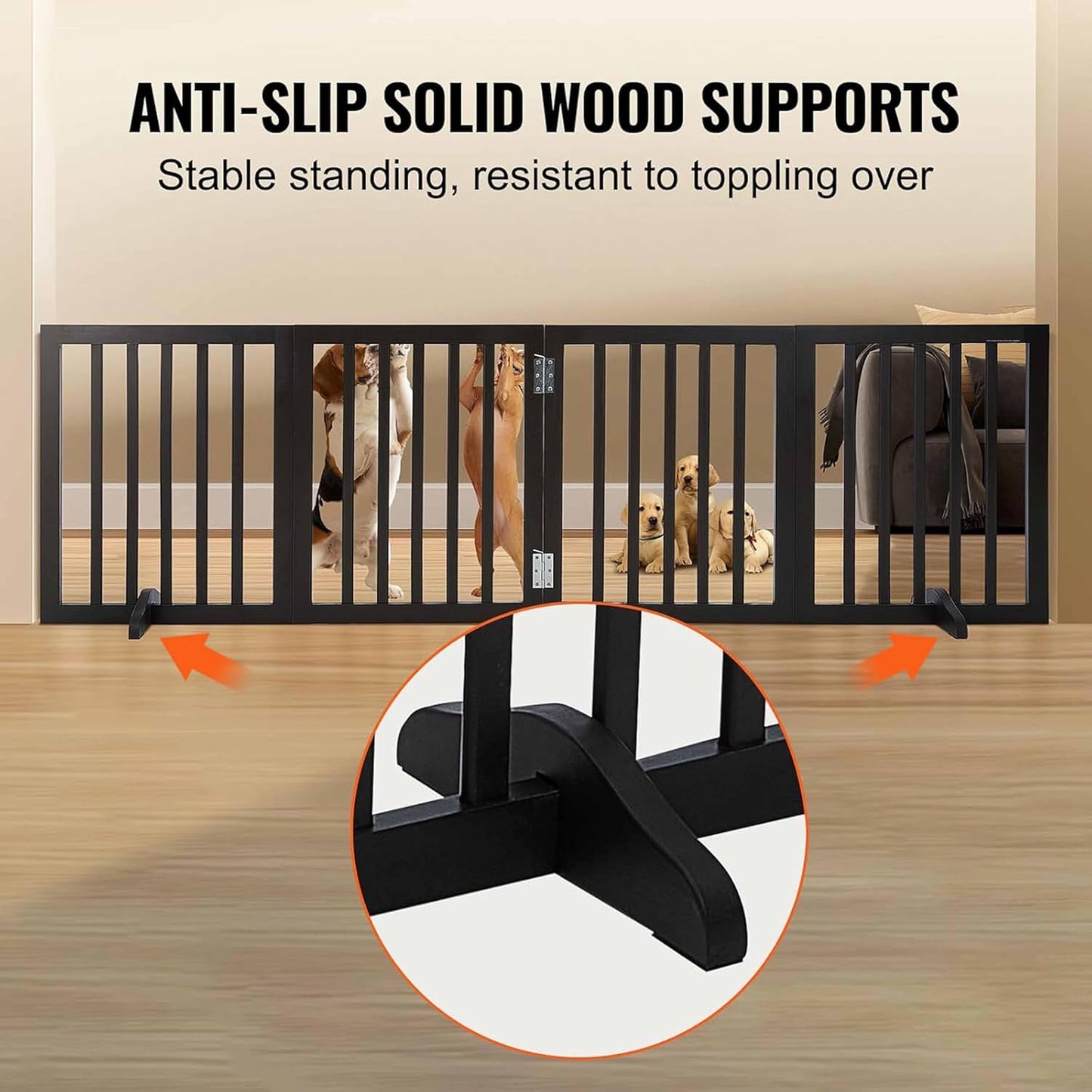 Freestanding Dog Gate | Foldable Wooden Pet Safety Gate for Dogs & Kids | Indoor Barrier with Support Feet for Stairs, Doorways, Hallways & Kitchens - 24" (Brown, 4 Panel)