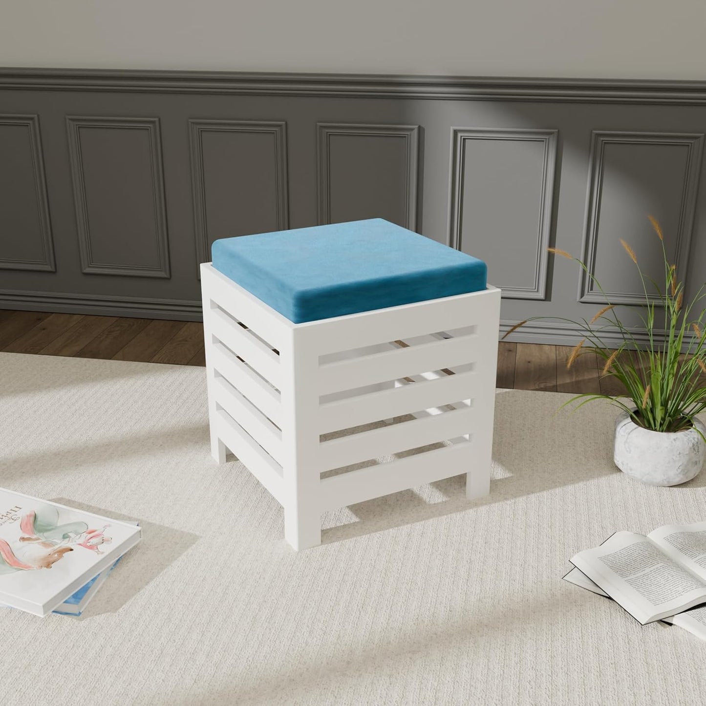 Cushion Wooden Stool | Foot Stool | Fruit Square Table | Office Bedside Table | Kitchen Stool With Cotton Cover (White & Aqua), 30 Cm X 30 Centimeters
