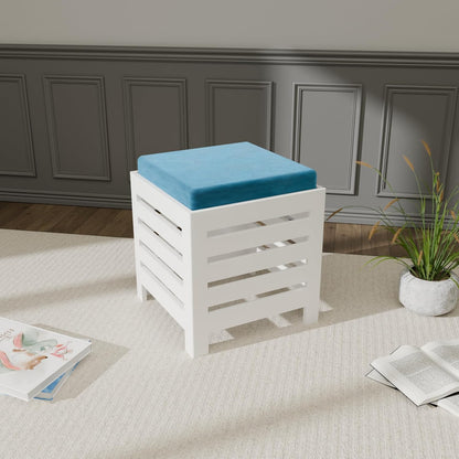 Cushion Wooden Stool | Foot Stool | Fruit Square Table | Office Bedside Table | Kitchen Stool With Cotton Cover (White & Aqua), 30 Cm X 30 Centimeters