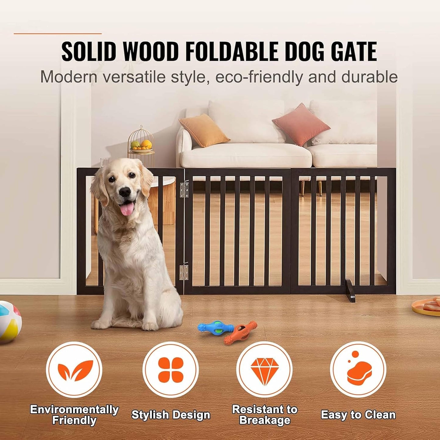 Freestanding Dog Gate | Foldable Wooden Pet Safety Gate for Dogs & Kids | Indoor Barrier with Support Feet for Stairs, Doorways, Hallways & Kitchens - 24" (Brown, 3 Panel)