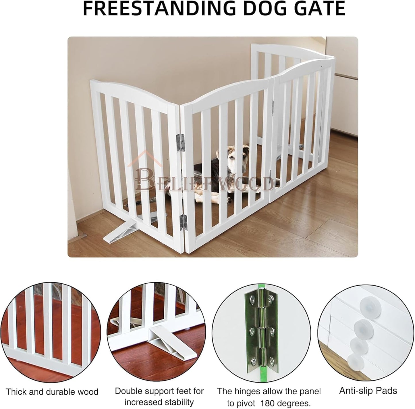Freestanding Dog Gate | Foldable Wooden Pet Safety Gate for Dogs & Kids | Indoor Barrier with Support Feet for Stairs, Doorways, Hallways & Kitchens - 24" (White, 4 Panel)