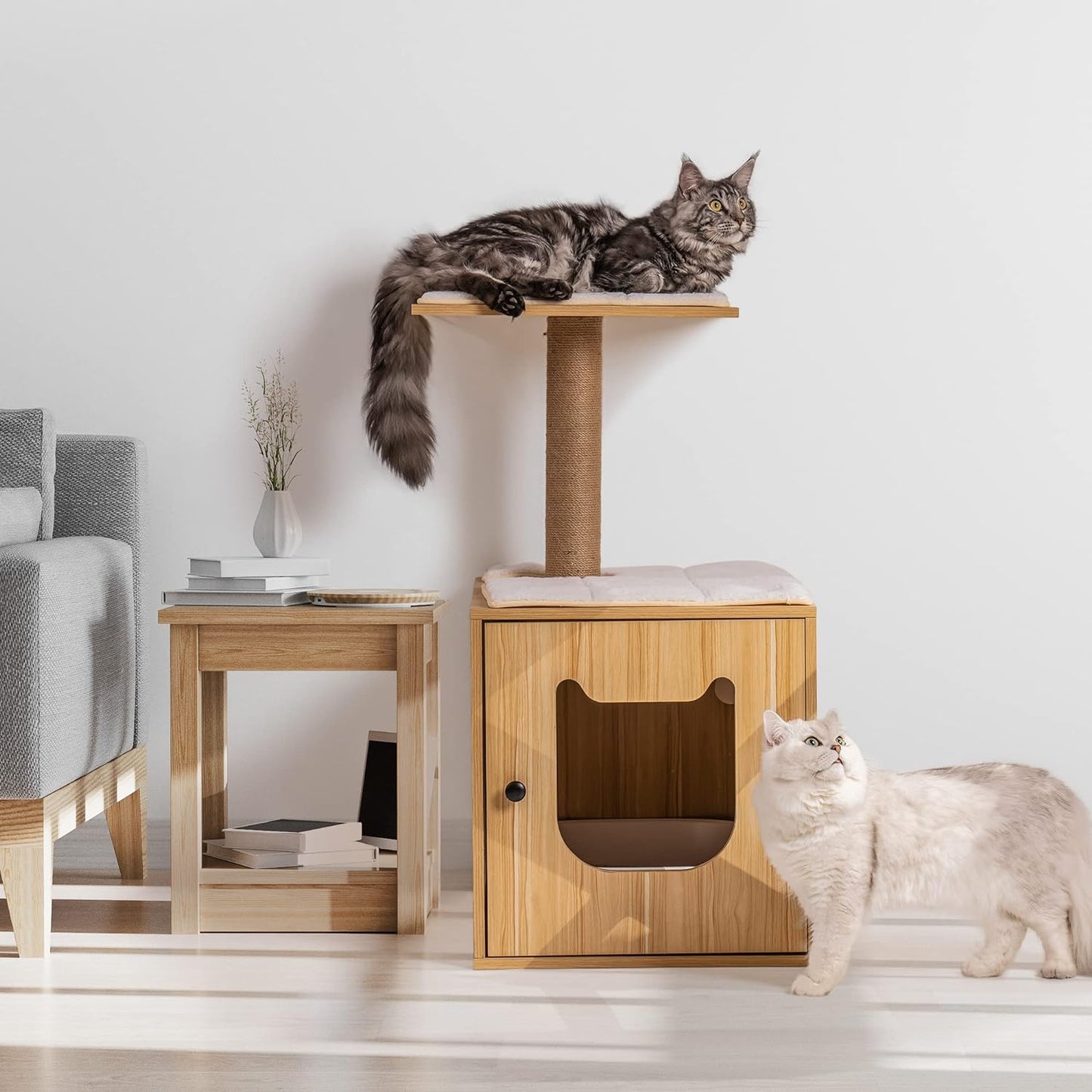 Wooden Cat Condo Cat Litter Box Enclosure, Wooden Cat House with Cat Bed Hidden Cat Washroom Furniture Cat Tree with Scratching Post
