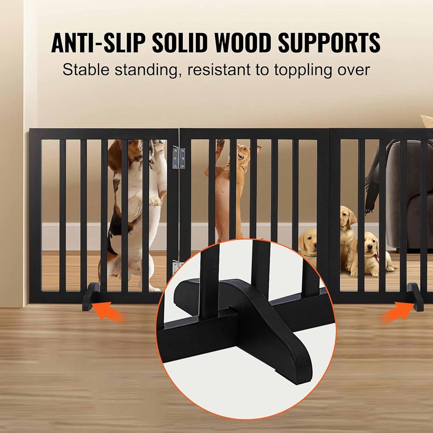 Freestanding Dog Gate | Foldable Wooden Pet Safety Gate for Dogs & Kids | Indoor Barrier with Support Feet for Stairs, Doorways, Hallways & Kitchens - 24" (Brown, 3 Panel)