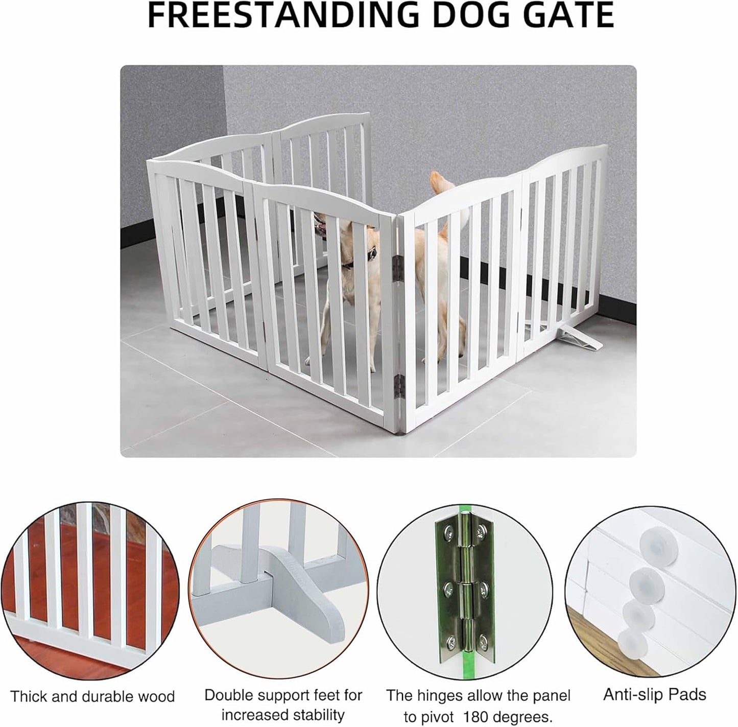Freestanding Dog Gate | Foldable Wooden Pet Safety Gate for Dogs & Kids | Indoor Barrier with Support Feet for Stairs, Doorways, Hallways & Kitchens - 24" (White, 2 Panel)