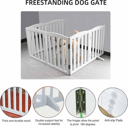 Freestanding Dog Gate | Foldable Wooden Pet Safety Gate for Dogs & Kids | Indoor Barrier with Support Feet for Stairs, Doorways, Hallways & Kitchens - 24" (White, 6 Panel)