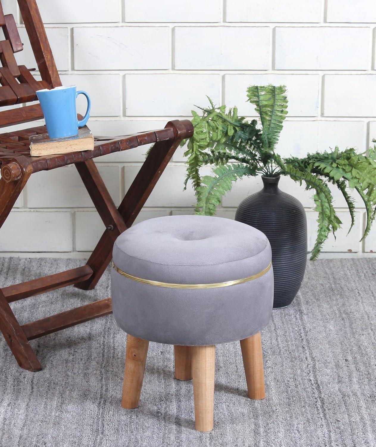 Ottoman Stool for Living Room Foot Rest | Velvet Small Ottoman Foot Stool | Solid Wood Legs | Footstool Puffy for Home, Bedroom & Makeup Table | 30 x 30 cm (12 x 12 Inch) | Grey