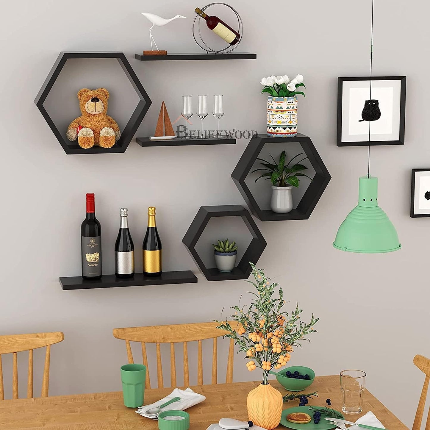 Wooden Hexagon Floating Shelves Wall Mounted Honey Comb Shelf Set of 6 Wall Decor White Wall Shelve for Bedroom Living Room Bathroom Kitchen Office (Black)