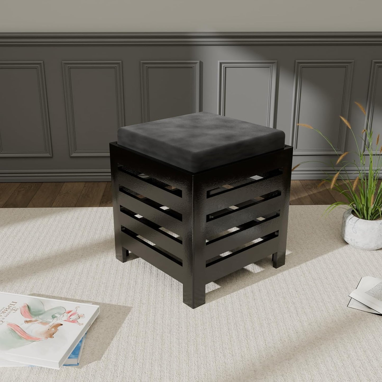 Cushion Wooden Stool| Foot Stool |Fruit Stool| Square Table| Office Stool| Bedside Table | Cushion Stool | Stool for Kitchen Wooden Stool Cotton Cover (Black)