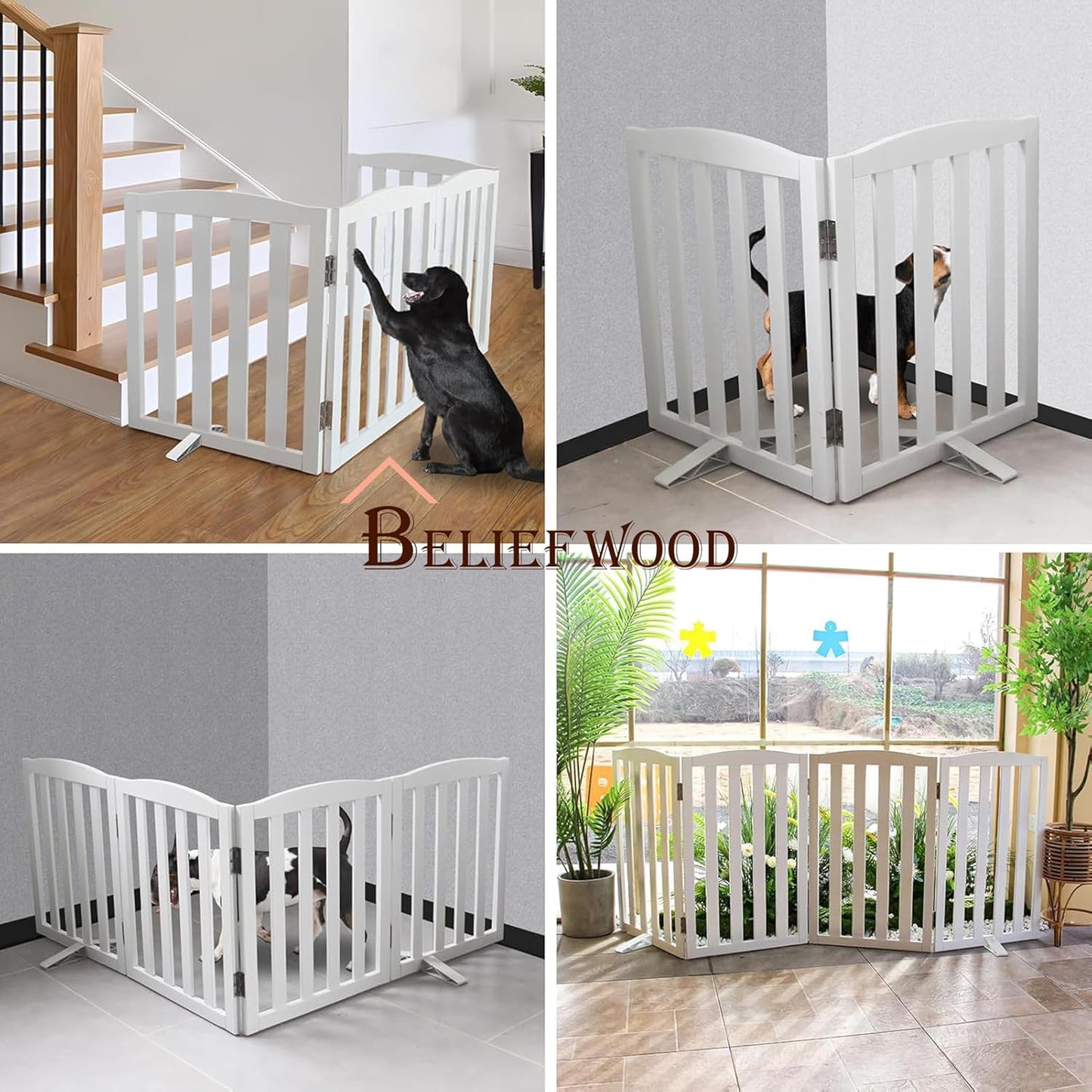 Freestanding Dog Gate | Foldable Wooden Pet Safety Gate for Dogs & Kids | Indoor Barrier with Support Feet for Stairs, Doorways, Hallways & Kitchens - 24" (White, 2 Panel)