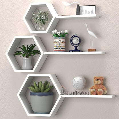 Wooden Hexagon Floating Shelves Wall Mounted Honey Comb Shelf Set of 6 Wall Decor White Wall Shelve for Bedroom Living Room Bathroom Kitchen Office(White)