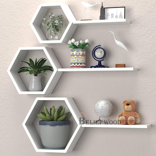 Wooden Hexagon Floating Shelves Wall Mounted Honey Comb Shelf Set of 6 Wall Decor White Wall Shelve for Bedroom Living Room Bathroom Kitchen Office(White)