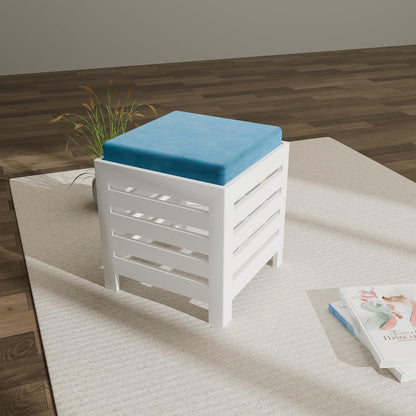 Cushion Wooden Stool | Foot Stool | Fruit Square Table | Office Bedside Table | Kitchen Stool With Cotton Cover (White & Aqua), 30 Cm X 30 Centimeters