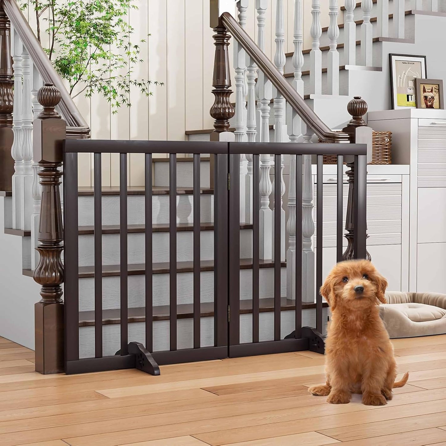 Freestanding Dog Gate – Foldable Wooden Pet Safety Gate for Dogs & Kids | Indoor Barrier with Support Feet | 24″ (Brown, 2 Panel)