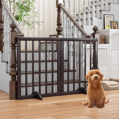 Freestanding Dog Gate – Foldable Wooden Pet Safety Gate for Dogs & Kids | Indoor Barrier with Support Feet | 24″ (Brown, 2 Panel)