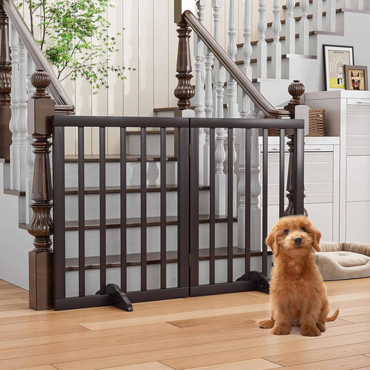 Freestanding Dog Gate – Foldable Wooden Pet Safety Gate for Dogs & Kids | Indoor Barrier with Support Feet | 24″ (Brown, 2 Panel)