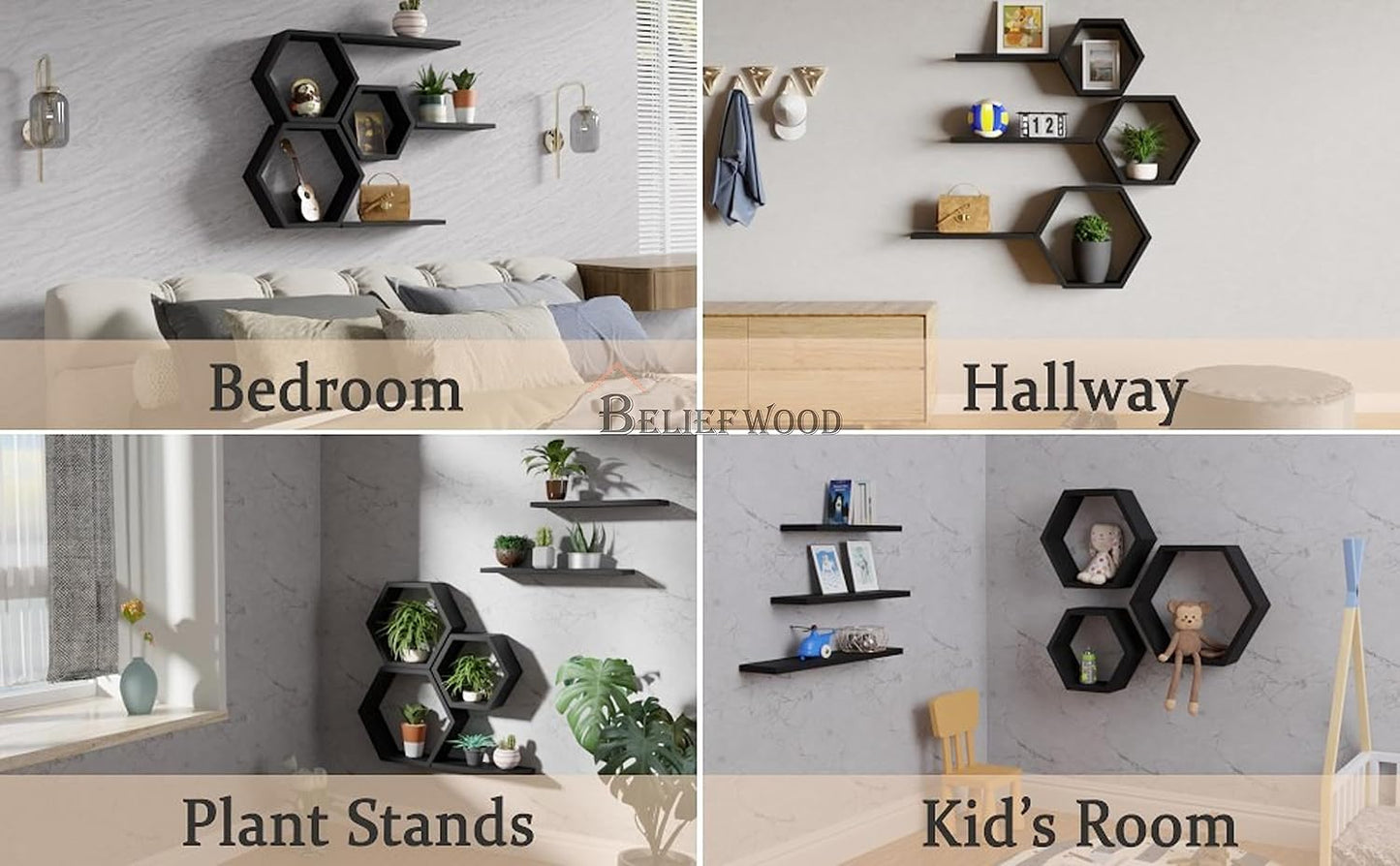 Wooden Hexagon Floating Shelves Wall Mounted Honey Comb Shelf Set of 6 Wall Decor White Wall Shelve for Bedroom Living Room Bathroom Kitchen Office (Black)
