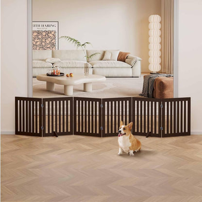 Freestanding Dog Gate | Foldable Wooden Pet Safety Gate for Dogs & Kids | Indoor Barrier with Support Feet for Stairs, Doorways, Hallways & Kitchens - 24" (Brown, 6 Panel)