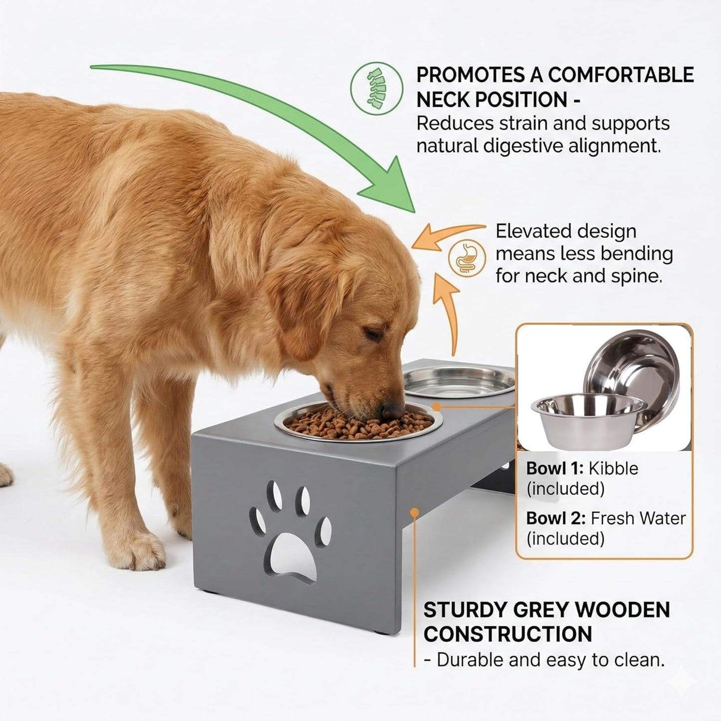 Pet Feeder Stainless Steel Food & Water Bowls with Stand | MDF Wood Elevated Dog Feeding Station with Double Bowl Design | Raised Feeding Stand for Medium & Large Dogs | 40 x 25 x 25 cm (Grey)