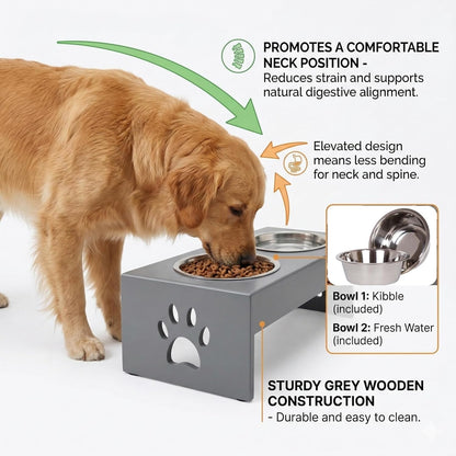 Pet Feeder Stainless Steel Food & Water Bowls with Stand | MDF Wood Elevated Dog Feeding Station with Double Bowl Design | Raised Feeding Stand for Medium & Large Dogs | 40 x 25 x 25 cm (Grey)