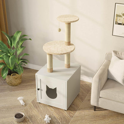 Cat House Tree Condo with Seat Litter Box Enclosure Furniture with Tree Tower and Condo, Indoor House with Sisal Scratching Post