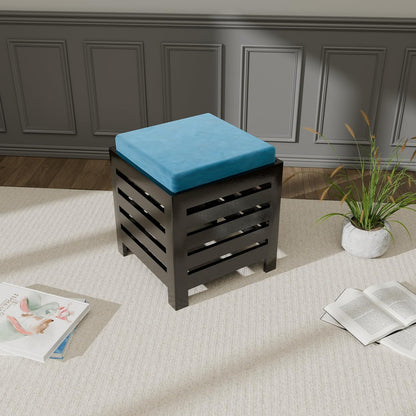 Cushion Wooden Stool| Foot Stool |Fruit Stool| Square Table| Office Stool| Bedside Table | Cushion Stool | Stool for Kitchen Wooden Stool Cotton Cover (Black & Aqua)
