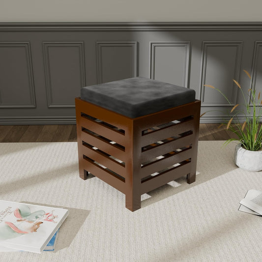 Cushion Wooden Stool | Foot Stool | Fruit Square Table | Office Bedside Table | For Kitchen With Cotton Cover (Brown & Black), 30 Cm X 30 Centimeters
