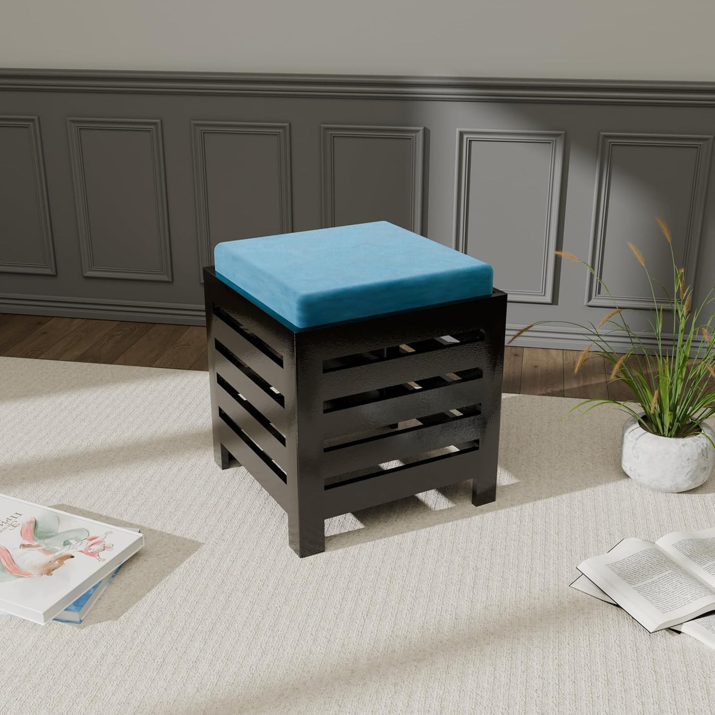 Cushion Wooden Stool| Foot Stool |Fruit Stool| Square Table| Office Stool| Bedside Table | Cushion Stool | Stool for Kitchen Wooden Stool Cotton Cover (Black & Aqua)