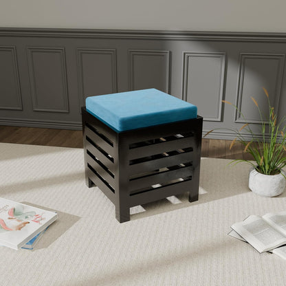 Cushion Wooden Stool| Foot Stool |Fruit Stool| Square Table| Office Stool| Bedside Table | Cushion Stool | Stool for Kitchen Wooden Stool Cotton Cover (Black & Aqua)