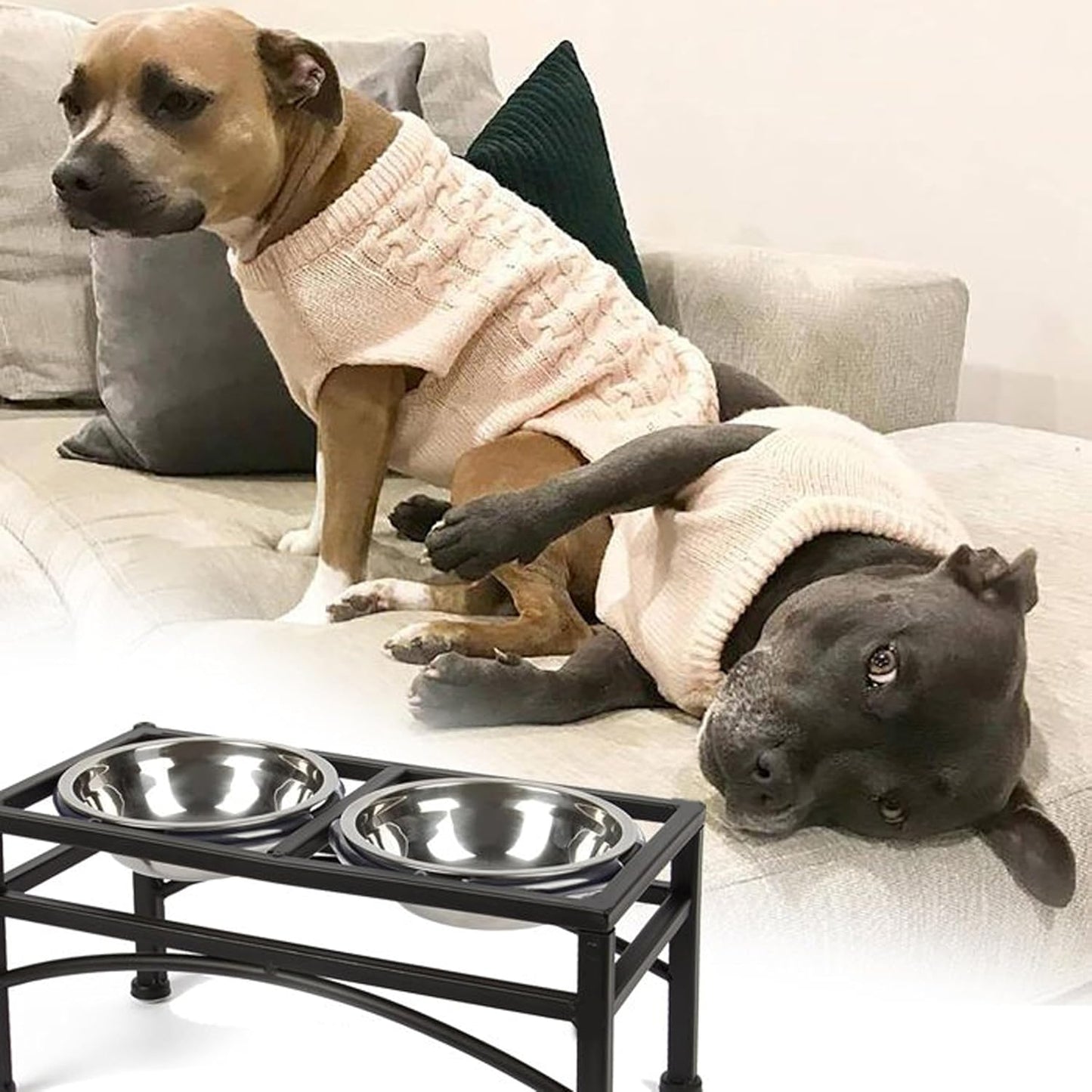 Pet Feeder For Dogs & Cats|Pets Food Bowl Elevated Dog Bowl Stand Stainless Steel Food And Water Bowls With Iron Stand (Large 2 Bowls),?47 cm,H_25 cm,W_25 cm