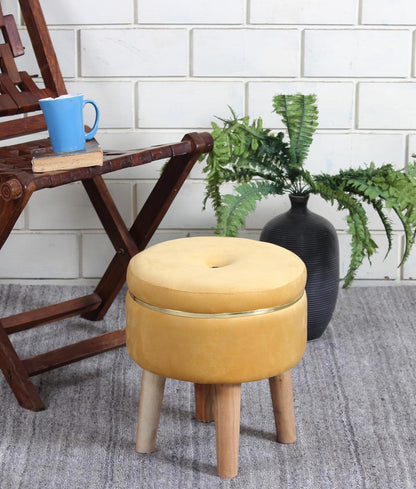 Ottoman Stool for Living Room Foot Rest | Velvet Small Ottoman Foot Stool | Solid Wood Legs | Footstool Puffy for Home, Bedroom & Makeup Table | 30 x 30 cm (12 x 12 Inch) | Yellow
