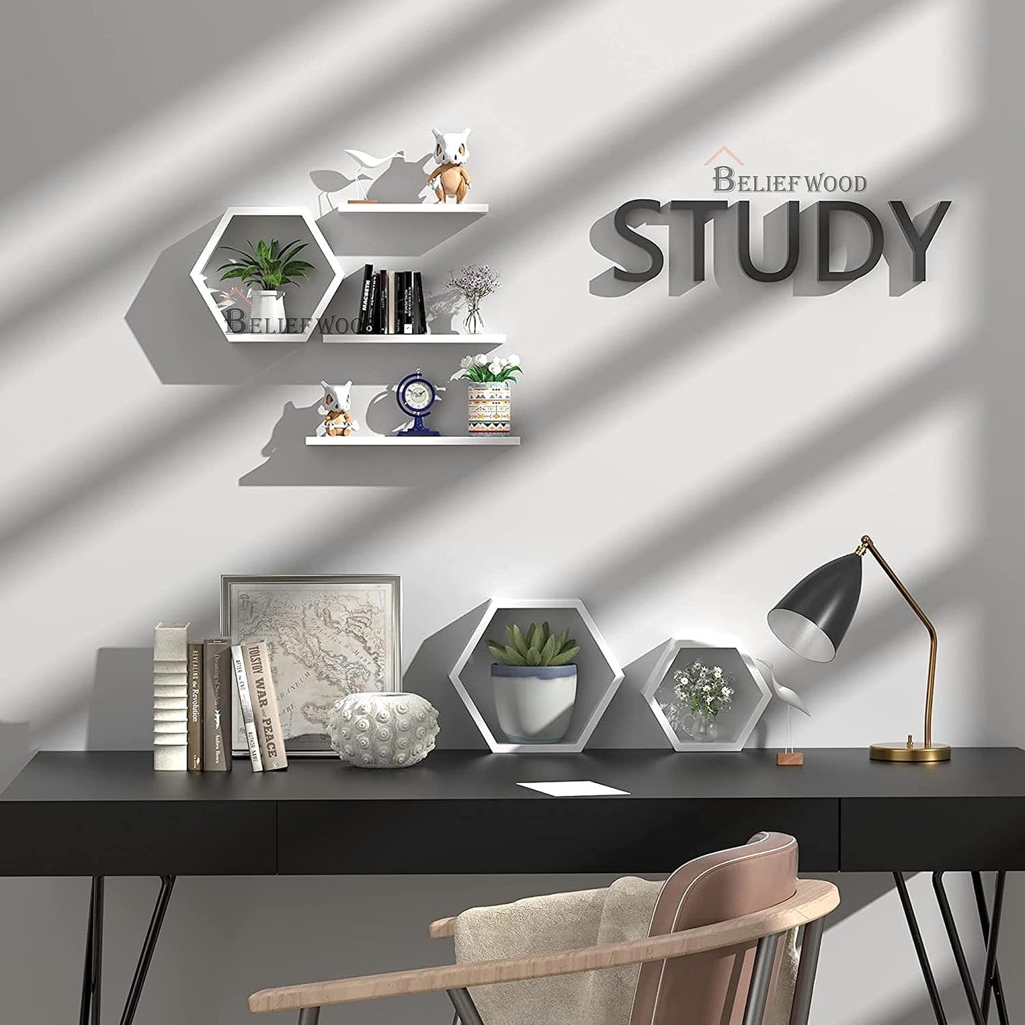 Wooden Hexagon Floating Shelves Wall Mounted Honey Comb Shelf Set of 6 Wall Decor White Wall Shelve for Bedroom Living Room Bathroom Kitchen Office(White)