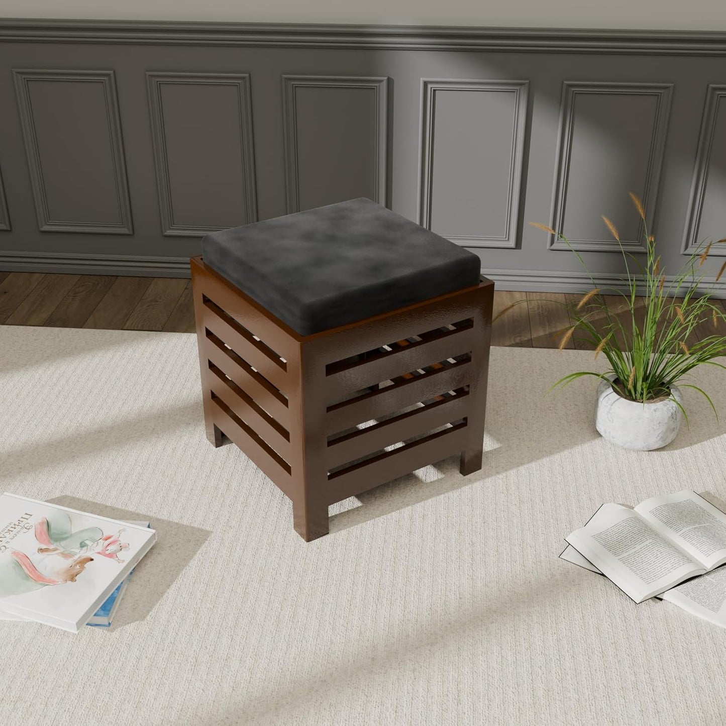 Cushion Wooden Stool | Foot Stool | Fruit Square Table | Office Bedside Table | For Kitchen With Cotton Cover (Brown & Black), 30 Cm X 30 Centimeters