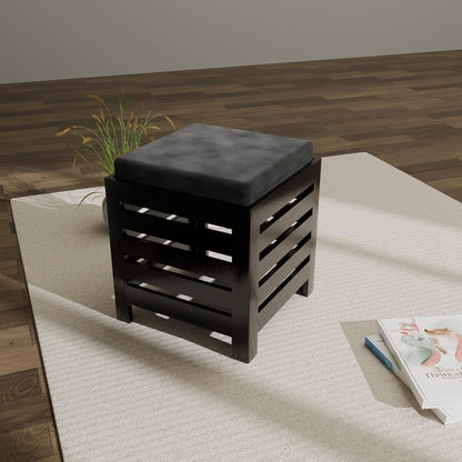 Cushion Wooden Stool| Foot Stool |Fruit Stool| Square Table| Office Stool| Bedside Table | Cushion Stool | Stool for Kitchen Wooden Stool Cotton Cover (Black)
