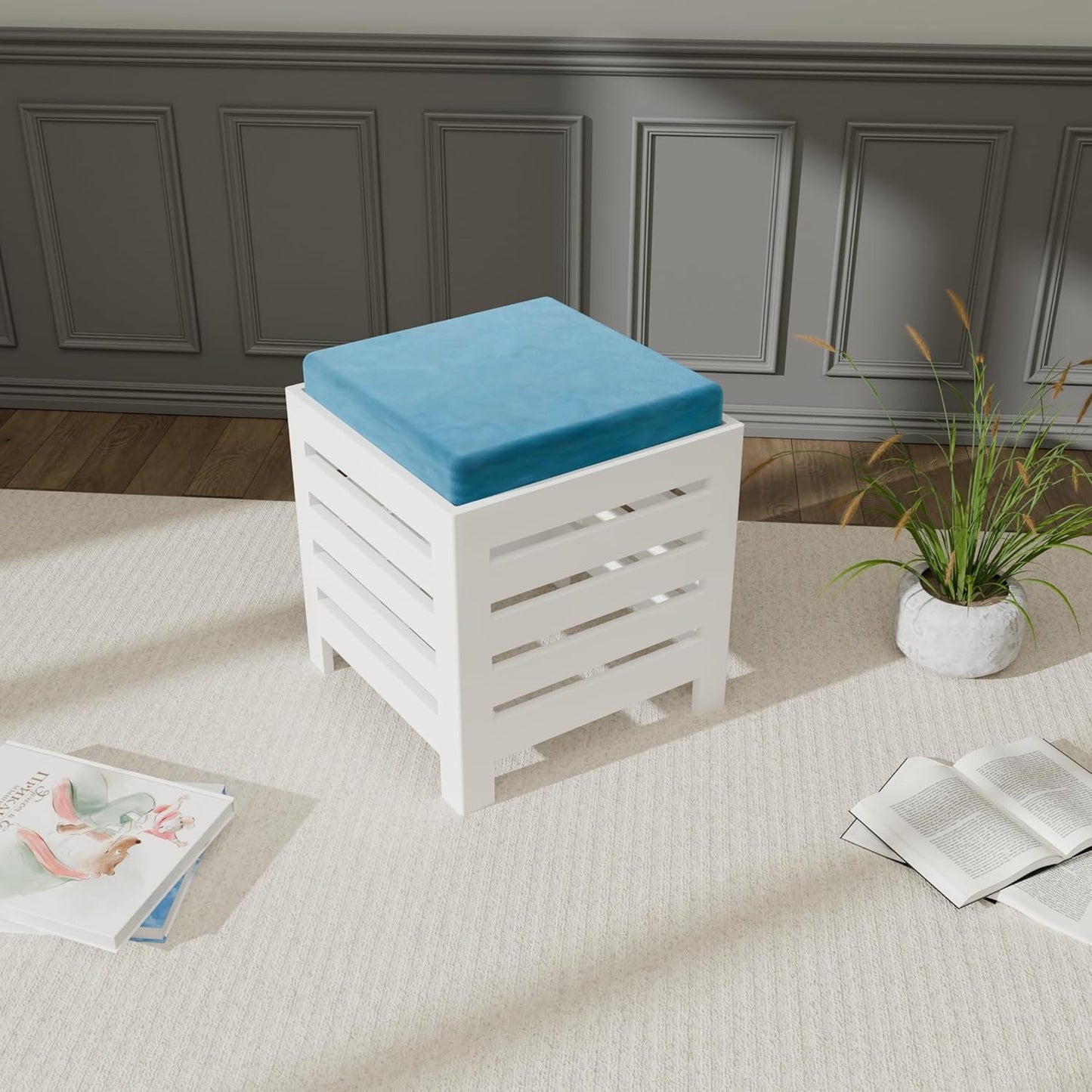 Cushion Wooden Stool | Foot Stool | Fruit Square Table | Office Bedside Table | Kitchen Stool With Cotton Cover (White & Aqua), 30 Cm X 30 Centimeters