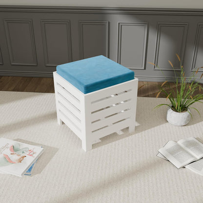 Cushion Wooden Stool | Foot Stool | Fruit Square Table | Office Bedside Table | Kitchen Stool With Cotton Cover (White & Aqua), 30 Cm X 30 Centimeters