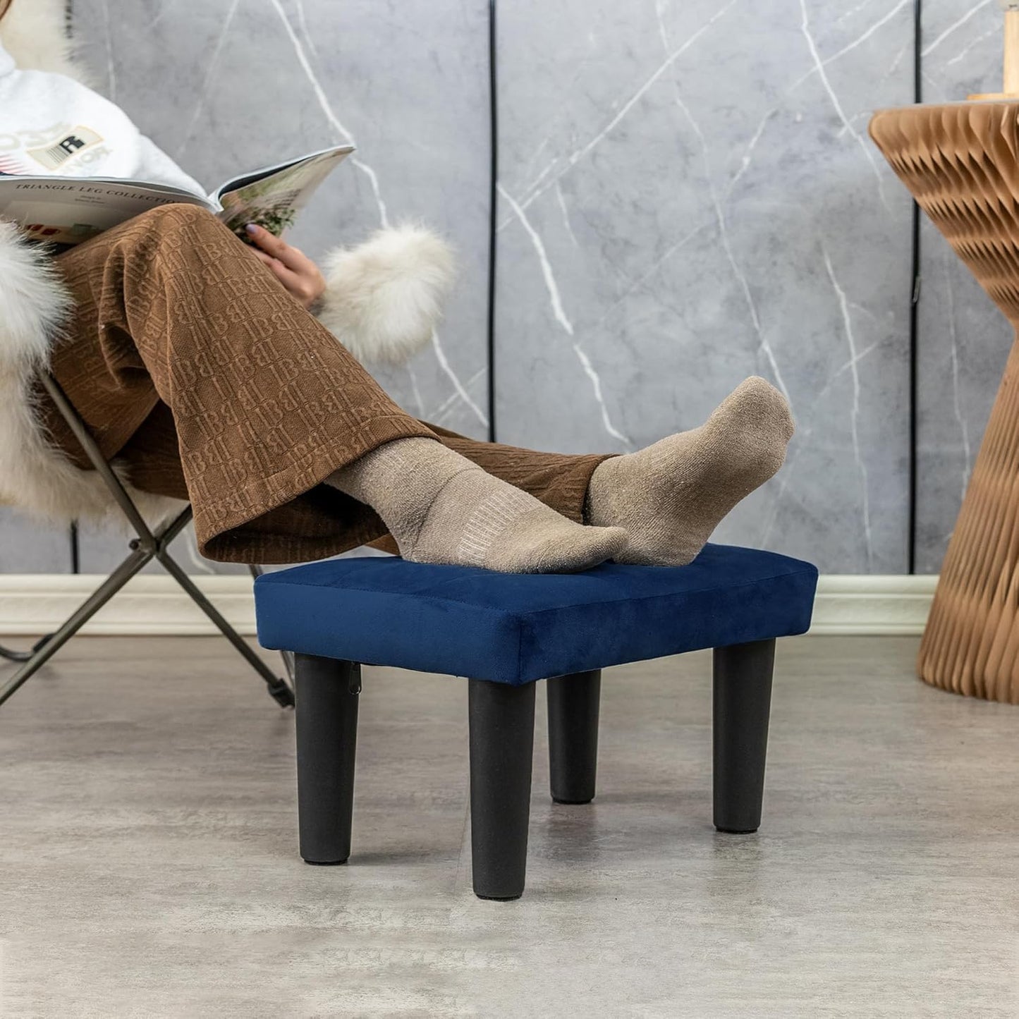 Ottoman Foot Rest, Velvet Small Ottoman Foot Stool with Legs Modern Footstool Ottomans for Living Room Entryway Office, (Velvet-Blue)