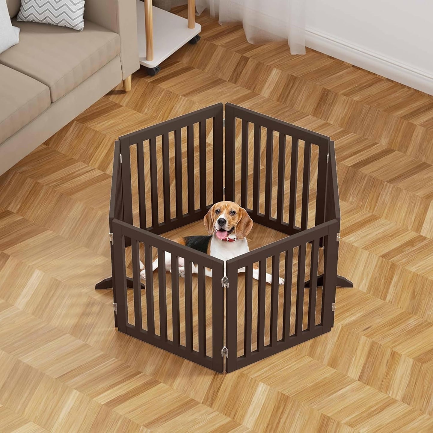 Freestanding Dog Gate | Foldable Wooden Pet Safety Gate for Dogs & Kids | Indoor Barrier with Support Feet for Stairs, Doorways, Hallways & Kitchens - 24" (Brown, 6 Panel)