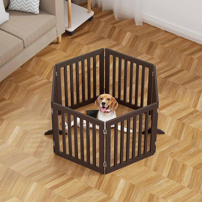 Freestanding Dog Gate | Foldable Wooden Pet Safety Gate for Dogs & Kids | Indoor Barrier with Support Feet for Stairs, Doorways, Hallways & Kitchens - 24" (Brown, 6 Panel)