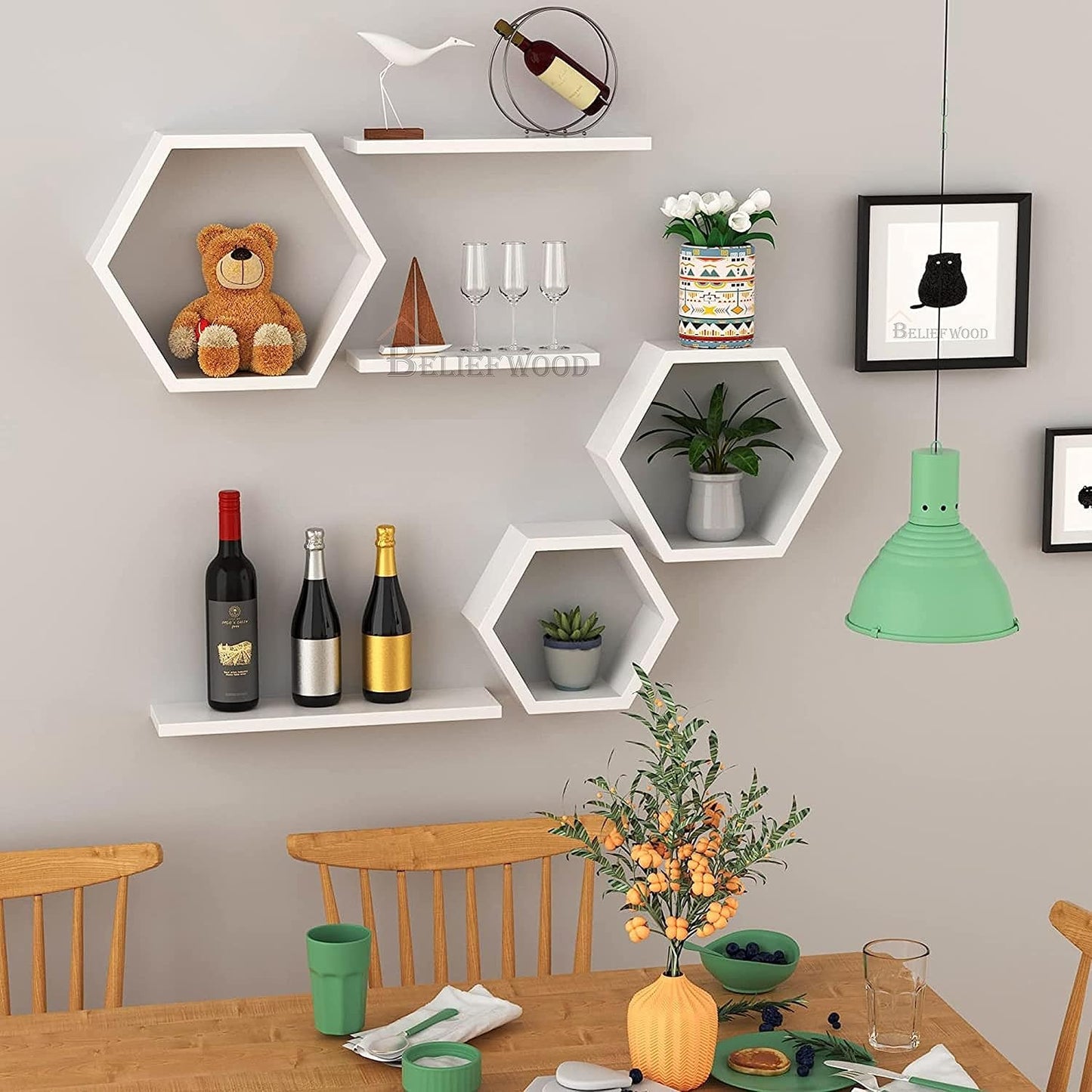 Wooden Hexagon Floating Shelves Wall Mounted Honey Comb Shelf Set of 6 Wall Decor White Wall Shelve for Bedroom Living Room Bathroom Kitchen Office(White)