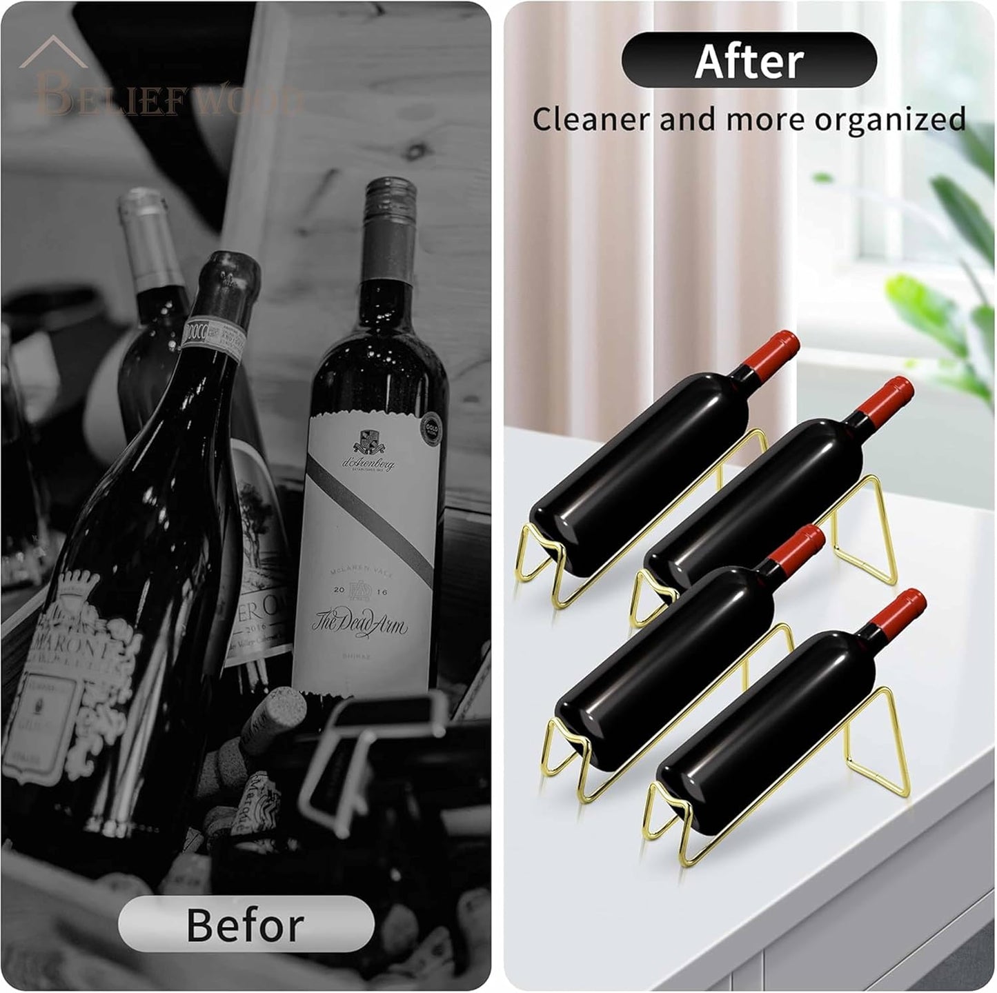 Modern Countertop Wine Rack – 4 Bottle Capacity, Gold Finish, Freestanding Tabletop Storage Organizer for Kitchen, Bar, Pantry, No Assembly Required (4, Golden)