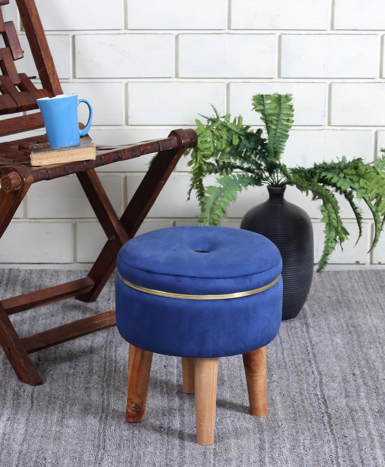 Ottoman Stool for Living Room Foot Rest | Velvet Small Ottoman Foot Stool | Solid Wood Legs | Footstool Puffy for Home, Bedroom & Makeup Table | 30 x 30 cm (12 x 12 Inch) | Royal Blue
