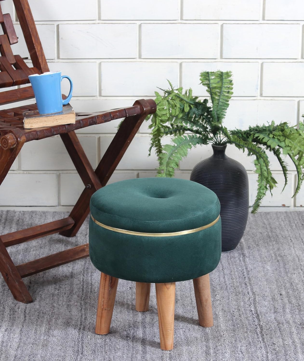 Ottoman Stool for Living Room Foot Rest | Velvet Small Ottoman Foot Stool | Solid Wood Legs | Footstool Puffy for Home, Bedroom & Makeup Table | 30 x 30 cm (12 x 12 Inch) | Green