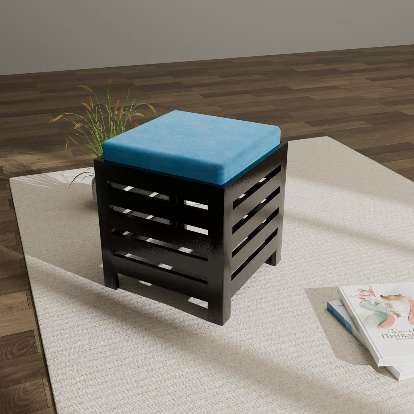 Cushion Wooden Stool| Foot Stool |Fruit Stool| Square Table| Office Stool| Bedside Table | Cushion Stool | Stool for Kitchen Wooden Stool Cotton Cover (Black & Aqua)