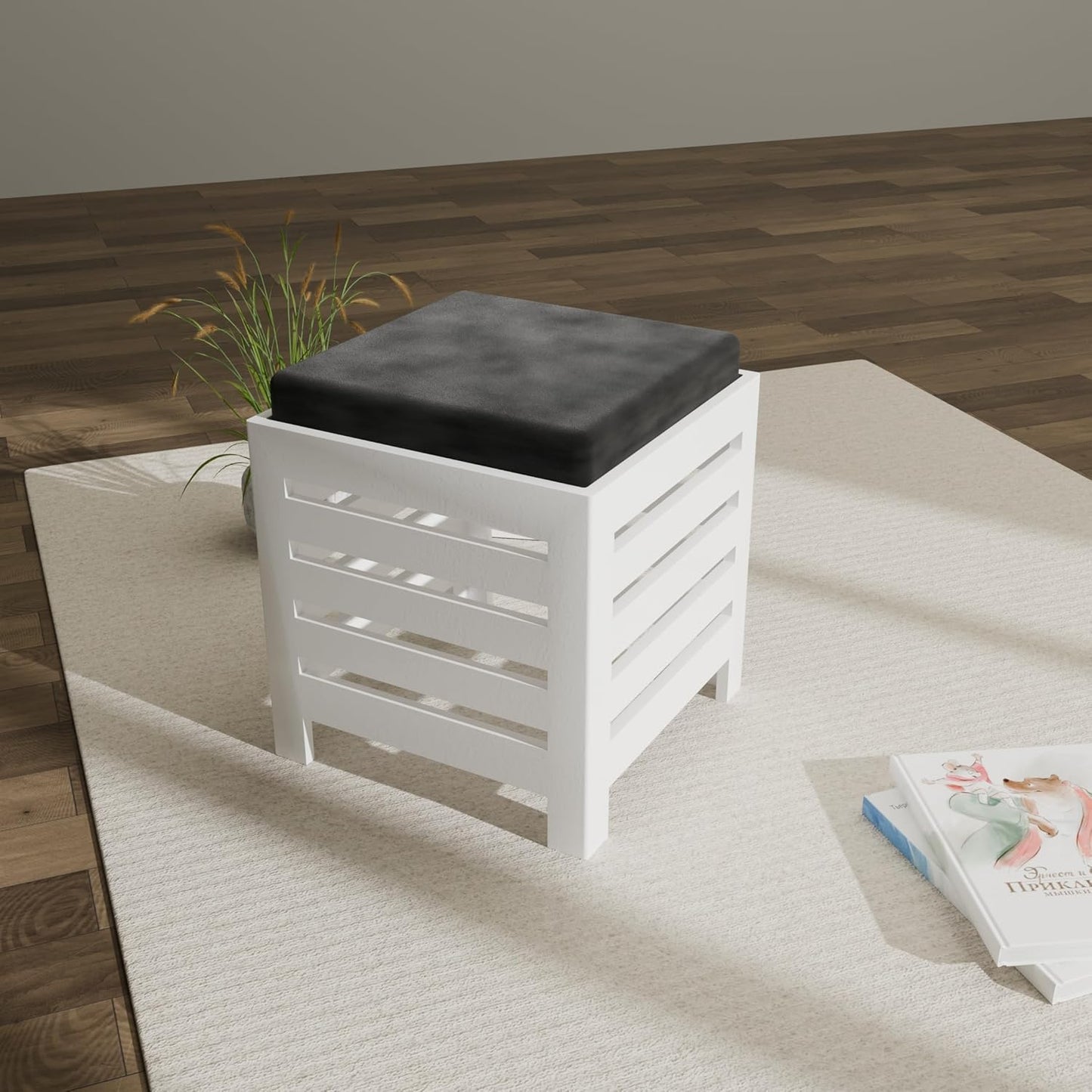 Cushion Wooden Stool| Foot Stool |Fruit Stool| Square Table| Office Stool| Bedside Table | Cushion Stool | Stool for Kitchen Wooden Stool Cotton Cover (White & Black)